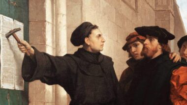 Detalhe de pintura de Ferdinand Pauwels mostrando o momento em que Lutero afixou as 95 teses na porta da igreja em Wittemberg. Imagem referente a matéria